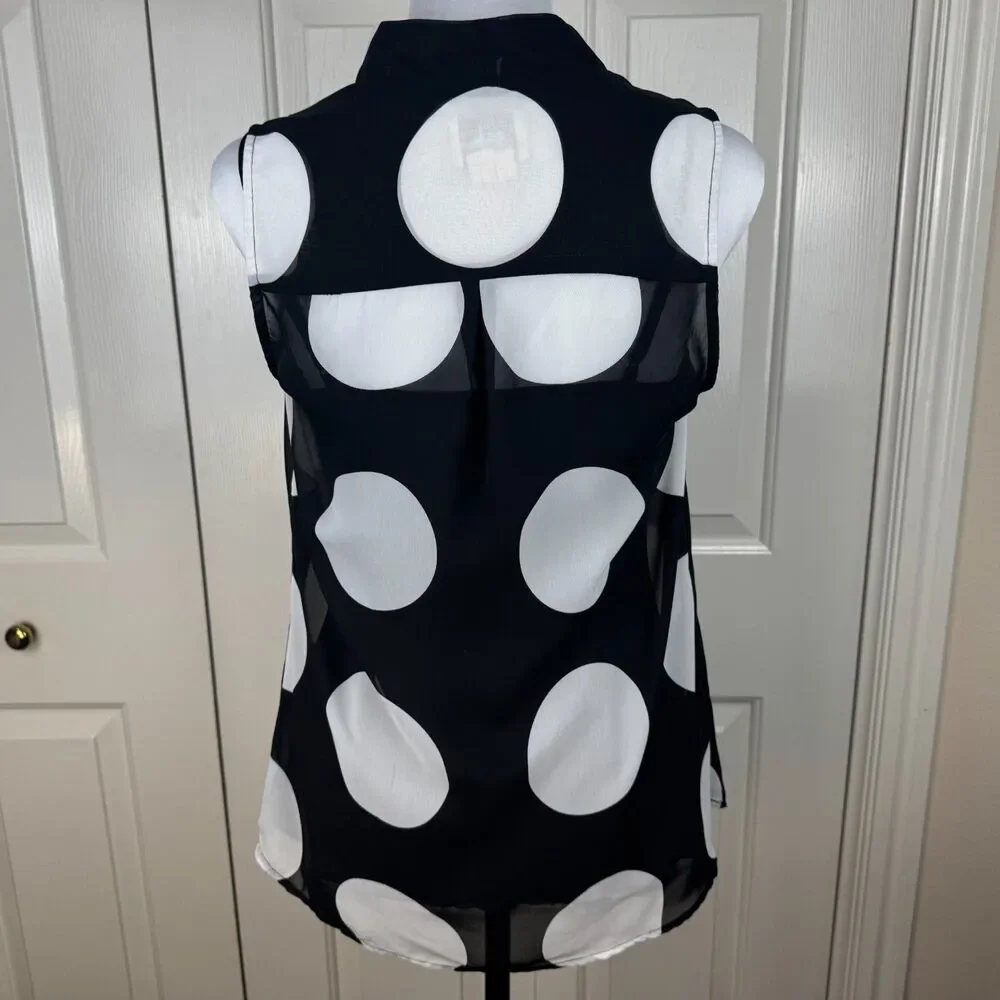 ECI Blouse Sz S Sheer Black White Large Polka Dot Front Buttons VNeck Sleeveless - Picture 4 of 9